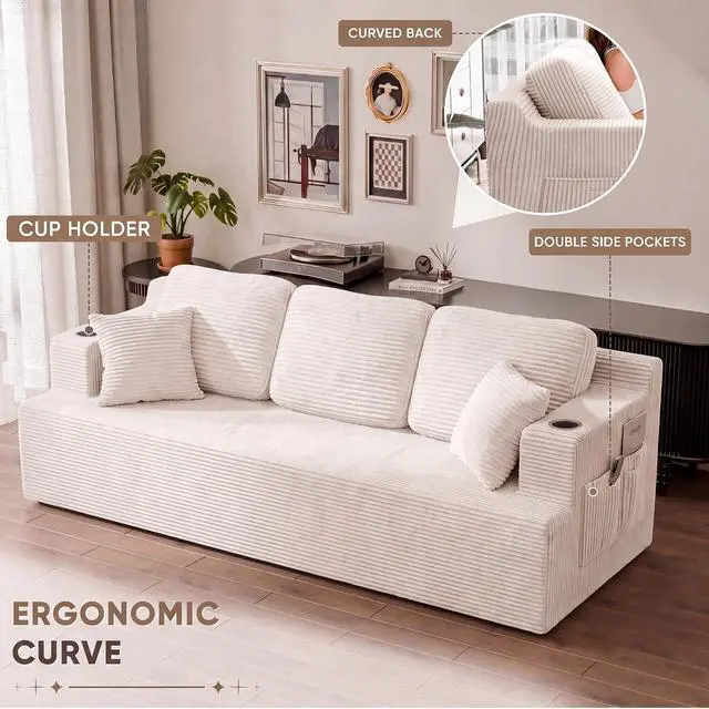 Alt view image 4 of 7 - 87 Boneless Sofa Couch with 2 Pillows Extra Deep Seats, Corduroy Fabric 3 Seater with Cup Holder & Storage Pocket Upholstered Floor Easy Installation (White, 3 Seater)