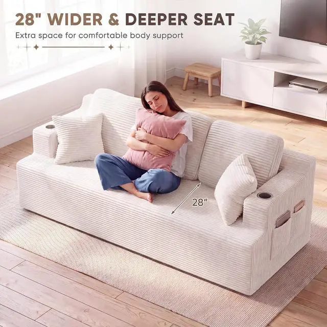 Alt view image 6 of 7 - 87 Boneless Sofa Couch with 2 Pillows Extra Deep Seats, Corduroy Fabric 3 Seater with Cup Holder & Storage Pocket Upholstered Floor Easy Installation (White, 3 Seater)
