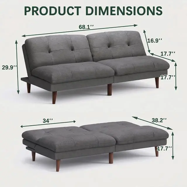 Alt view image 3 of 7 - Futon Sofa Bed Modern Folding Futon Set Convertible Recliner Lounge for Living Room with Adjustable Backrest (Linen, Grey)