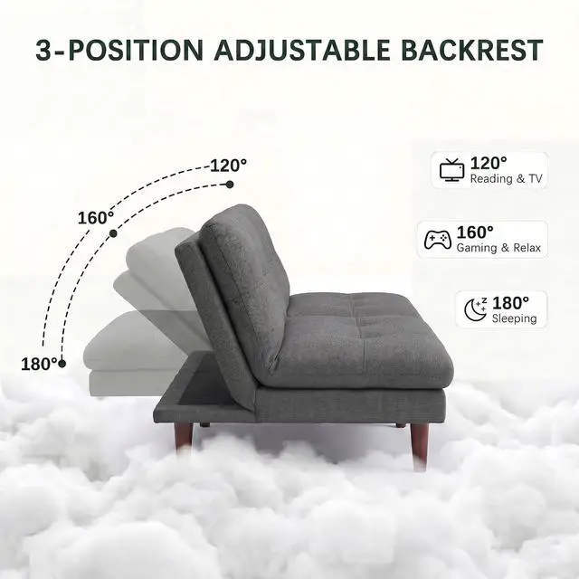 Alt view image 4 of 7 - Futon Sofa Bed Modern Folding Futon Set Convertible Recliner Lounge for Living Room with Adjustable Backrest (Linen, Grey)