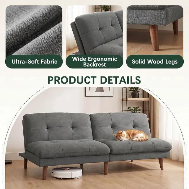 Alt view image 5 of 7 - Futon Sofa Bed Modern Folding Futon Set Convertible Recliner Lounge for Living Room with Adjustable Backrest (Linen, Grey)