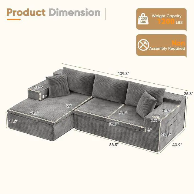 Alt view image 2 of 7 - 109" Boneless Couch with Memory Foam, Modular Sectional Sofa with L-Shape Chaise, Cloud Couch with Deep Seat, Dual Cup Holders & Side Pockets, No Assembly Required (Gray)