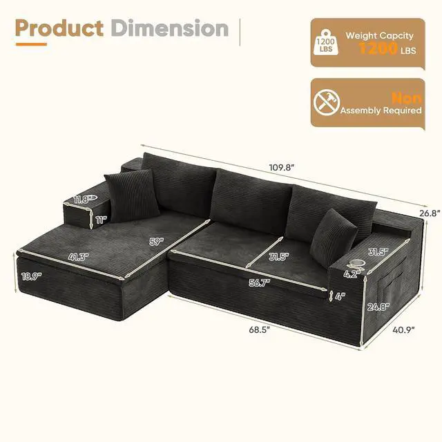 Alt view image 2 of 7 - 109" Boneless Couch with Memory Foam, Modular Sectional Sofa with L-Shape Chaise, Cloud Couch with Deep Seat, Dual Cup Holders & Side Pockets, No Assembly Required (Black)