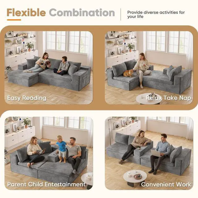 Alt view image 7 of 7 - 109" Boneless Couch with Memory Foam, Modular Sectional Sofa with L-Shape Chaise, Cloud Couch with Deep Seat, Dual Cup Holders & Side Pockets, No Assembly Required (Gray)
