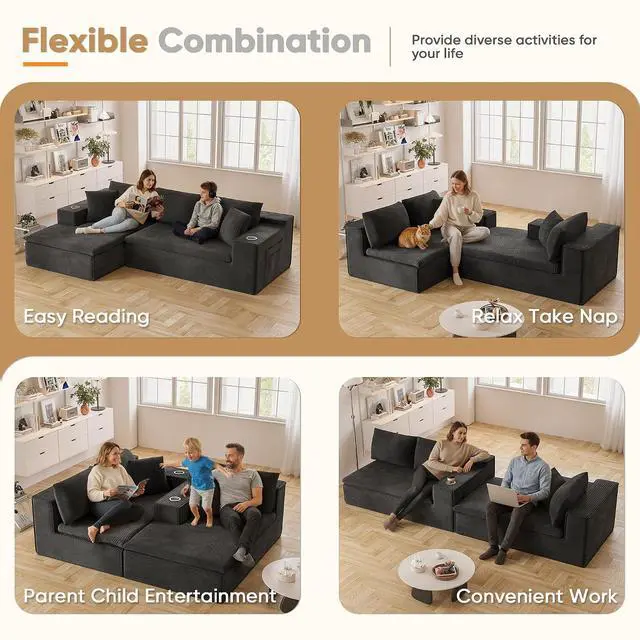 Alt view image 7 of 7 - 109" Boneless Couch with Memory Foam, Modular Sectional Sofa with L-Shape Chaise, Cloud Couch with Deep Seat, Dual Cup Holders & Side Pockets, No Assembly Required (Black)