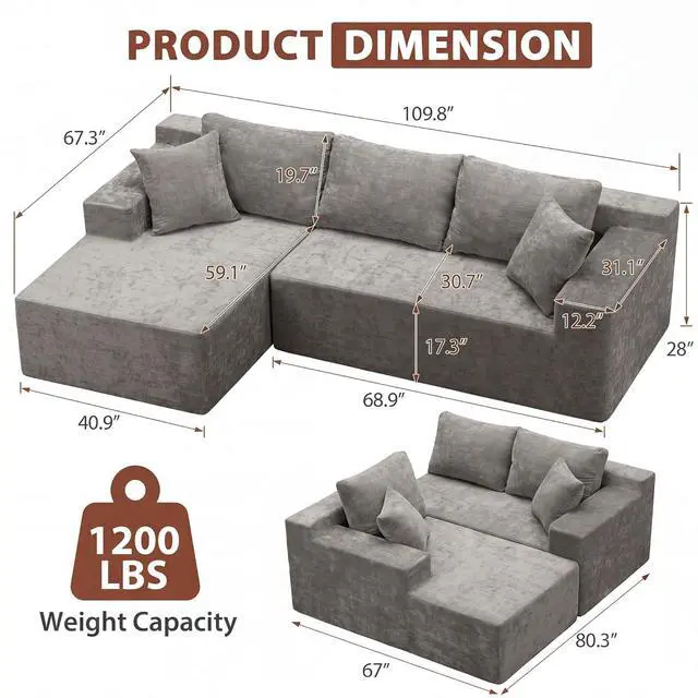 Alt view image 2 of 7 - 110" Boneless Sectional Couch, Modular Sectional Sofa L-Shape Couch with Deep Seat, Cloud Comfy Boneless Couch for Living Room, No Assembly Required (Chenille, Grey)