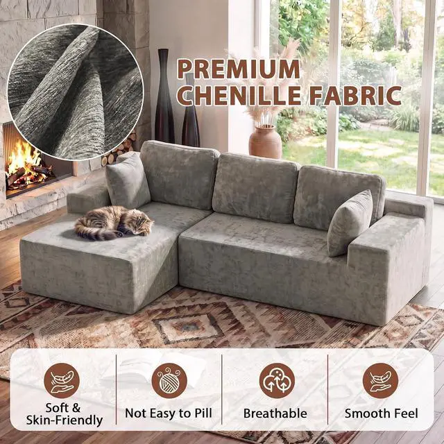 Alt view image 6 of 7 - 110" Boneless Sectional Couch, Modular Sectional Sofa L-Shape Couch with Deep Seat, Cloud Comfy Boneless Couch for Living Room, No Assembly Required (Chenille, Grey)