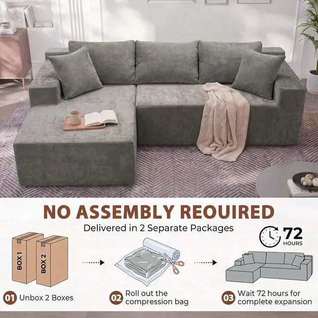 Alt view image 7 of 7 - 110" Boneless Sectional Couch, Modular Sectional Sofa L-Shape Couch with Deep Seat, Cloud Comfy Boneless Couch for Living Room, No Assembly Required (Chenille, Grey)