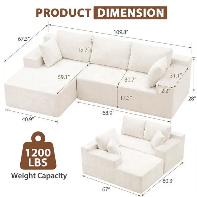 Alt view image 2 of 7 - 110" Boneless Sectional Couch, Modular Sectional Sofa L-Shape Couch with Deep Seat, Cloud Comfy Boneless Couch for Living Room, No Assembly Required (Chenille, Beige)