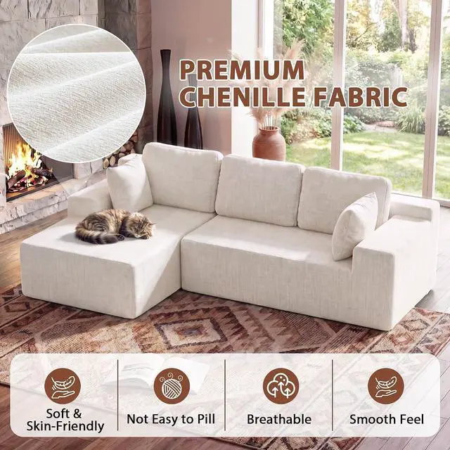 Alt view image 6 of 7 - 110" Boneless Sectional Couch, Modular Sectional Sofa L-Shape Couch with Deep Seat, Cloud Comfy Boneless Couch for Living Room, No Assembly Required (Chenille, Beige)