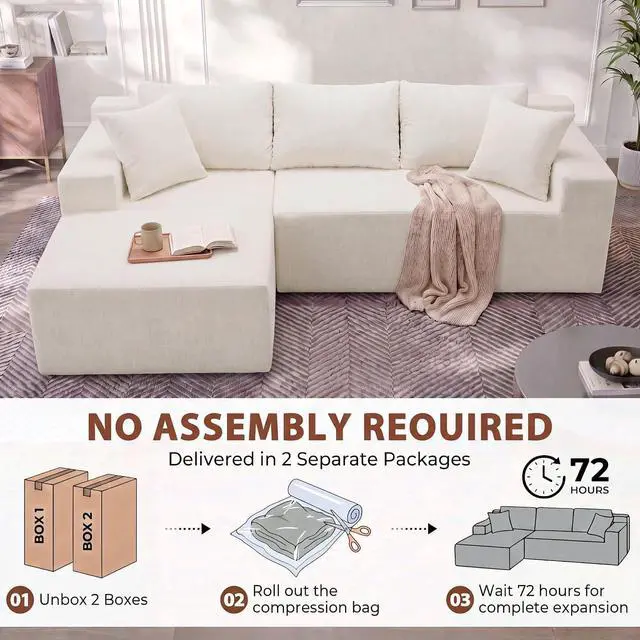 Alt view image 7 of 7 - 110" Boneless Sectional Couch, Modular Sectional Sofa L-Shape Couch with Deep Seat, Cloud Comfy Boneless Couch for Living Room, No Assembly Required (Chenille, Beige)