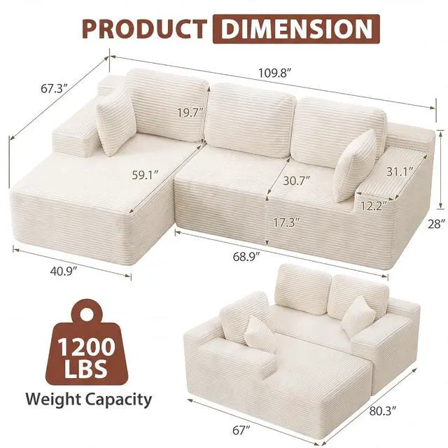 Alt view image 2 of 7 - 110" Boneless Sectional Couch, Modular Sectional Sofa L-Shape Couch with Deep Seat, Cloud Comfy Boneless Couch for Living Room, No Assembly Required (Corduroy, Beige)
