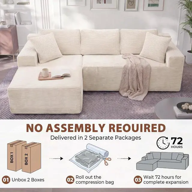 Alt view image 7 of 7 - 110" Boneless Sectional Couch, Modular Sectional Sofa L-Shape Couch with Deep Seat, Cloud Comfy Boneless Couch for Living Room, No Assembly Required (Corduroy, Beige)