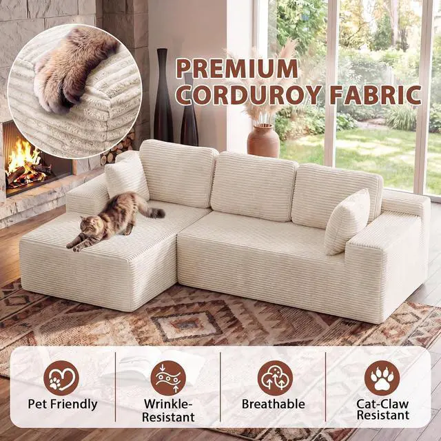 Alt view image 6 of 7 - 110" Boneless Sectional Couch, Modular Sectional Sofa L-Shape Couch with Deep Seat, Cloud Comfy Boneless Couch for Living Room, No Assembly Required (Corduroy, Beige)