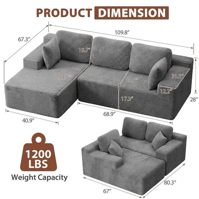 Alt view image 2 of 7 - 110" Boneless Sectional Couch, Modular Sectional Sofa L-Shape Couch with Deep Seat, Cloud Comfy Boneless Couch for Living Room, No Assembly Required (Corduroy, Grey)