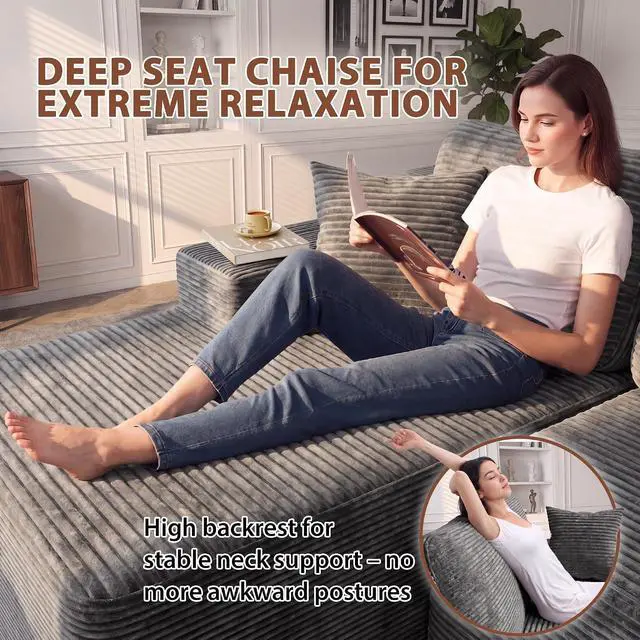 Alt view image 4 of 7 - 110" Boneless Sectional Couch, Modular Sectional Sofa L-Shape Couch with Deep Seat, Cloud Comfy Boneless Couch for Living Room, No Assembly Required (Corduroy, Grey)