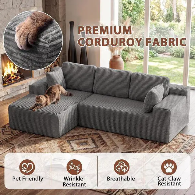 Alt view image 6 of 7 - 110" Boneless Sectional Couch, Modular Sectional Sofa L-Shape Couch with Deep Seat, Cloud Comfy Boneless Couch for Living Room, No Assembly Required (Corduroy, Grey)