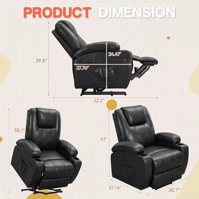 Alt view image 2 of 7 - Electric Power Lift Recliner Chair with Massage for Elderly Corduroy Fabric Recliner Single Sofa with Cup Holders, Side Pockets and Remote Control for Living Room Bedroom (Leathaire, Dark Gray)