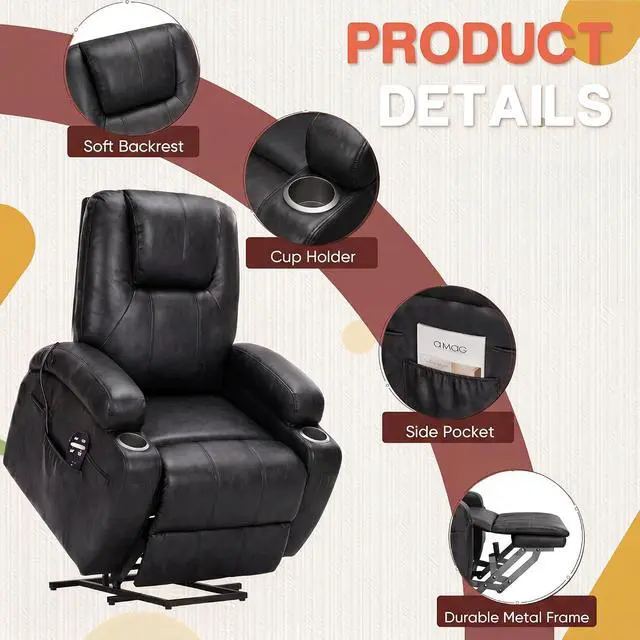 Alt view image 5 of 7 - Electric Power Lift Recliner Chair with Massage for Elderly Corduroy Fabric Recliner Single Sofa with Cup Holders, Side Pockets and Remote Control for Living Room Bedroom (Leathaire, Dark Gray)
