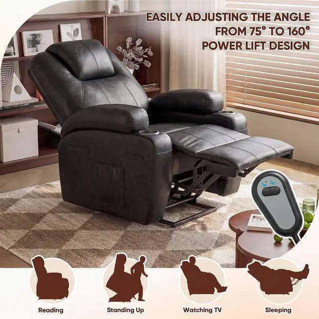Alt view image 4 of 7 - Electric Power Lift Recliner Chair with Massage for Elderly Corduroy Fabric Recliner Single Sofa with Cup Holders, Side Pockets and Remote Control for Living Room Bedroom (Leathaire, Dark Gray)