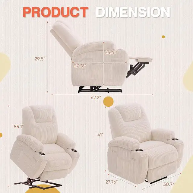 Alt view image 2 of 7 - Electric Power Lift Recliner Chair with Massage for Elderly Corduroy Fabric Recliner Single Sofa with Cup Holders, Side Pockets and Remote Control for Living Room Bedroom (White)