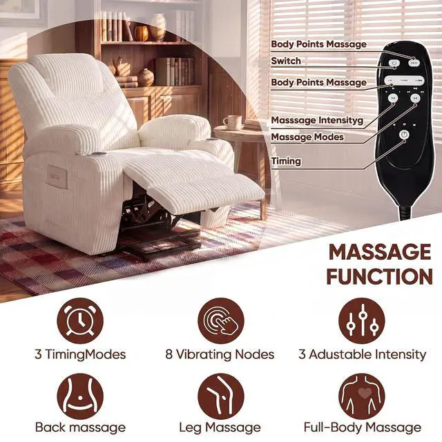Alt view image 3 of 7 - Electric Power Lift Recliner Chair with Massage for Elderly Corduroy Fabric Recliner Single Sofa with Cup Holders, Side Pockets and Remote Control for Living Room Bedroom (White)