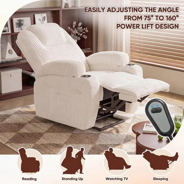 Alt view image 4 of 7 - Electric Power Lift Recliner Chair with Massage for Elderly Corduroy Fabric Recliner Single Sofa with Cup Holders, Side Pockets and Remote Control for Living Room Bedroom (White)
