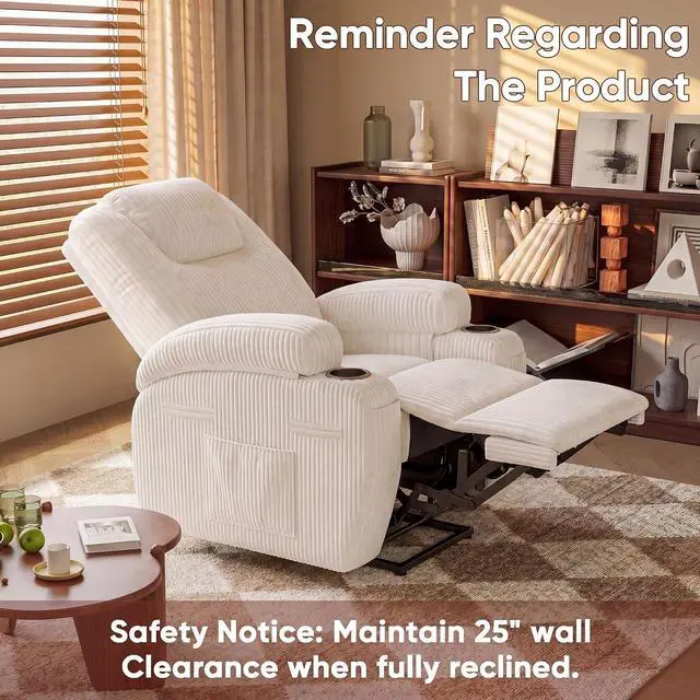 Alt view image 7 of 7 - Electric Power Lift Recliner Chair with Massage for Elderly Corduroy Fabric Recliner Single Sofa with Cup Holders, Side Pockets and Remote Control for Living Room Bedroom (White)