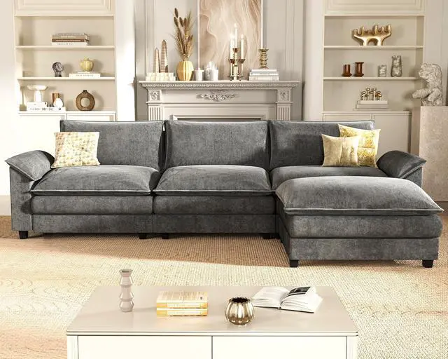 Alt view image 3 of 6 - 119" Modular Sectional Sofa, L Shaped Sofa Couch with Reversible Ottoman, DIY Combination Chenille Deep 3-Seat Cloud Couch for Living Room, Apartment (Light Grey, L Shaped Sofa)