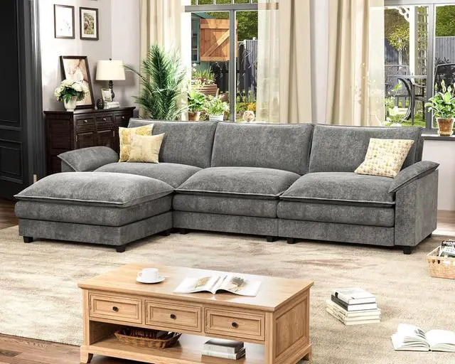 Alt view image 4 of 6 - 119" Modular Sectional Sofa, L Shaped Sofa Couch with Reversible Ottoman, DIY Combination Chenille Deep 3-Seat Cloud Couch for Living Room, Apartment (Light Grey, L Shaped Sofa)