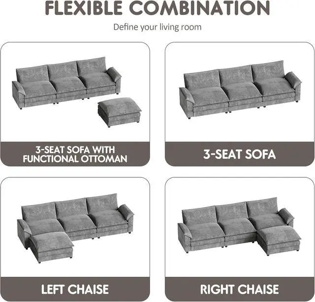 Alt view image 6 of 6 - 119" Modular Sectional Sofa, L Shaped Sofa Couch with Reversible Ottoman, DIY Combination Chenille Deep 3-Seat Cloud Couch for Living Room, Apartment (Light Grey, L Shaped Sofa)