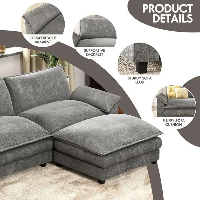 Alt view image 5 of 6 - 119" Modular Sectional Sofa, L Shaped Sofa Couch with Reversible Ottoman, DIY Combination Chenille Deep 3-Seat Cloud Couch for Living Room, Apartment (Light Grey, L Shaped Sofa)
