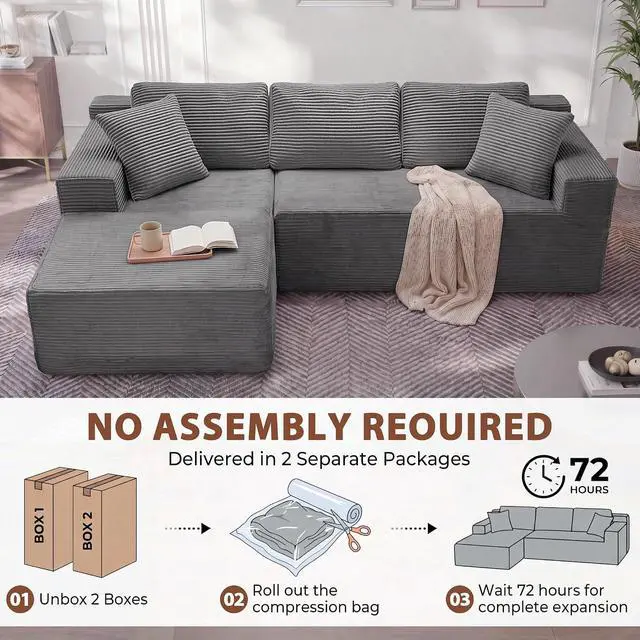 Alt view image 7 of 7 - 110" Boneless Sectional Couch, Modular Sectional Sofa L-Shape Couch with Deep Seat, Cloud Comfy Boneless Couch for Living Room, No Assembly Required (Corduroy, Grey)