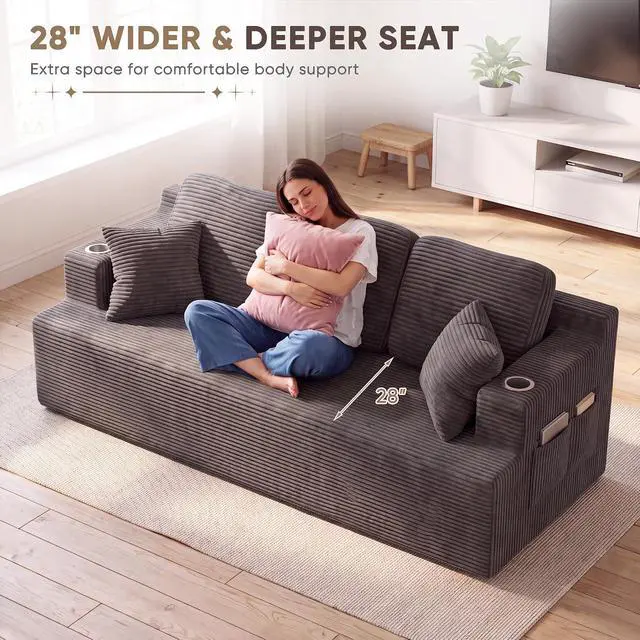 Alt view image 5 of 7 - 87 Boneless Sofa Couch with 2 Pillows Extra Deep Seats, Corduroy Fabric 3 Seater Sofa for Living Room with Cup Holder & Storage Pocket Upholstered Floor Sofa Easy Installation (Grey, 3 Seater)