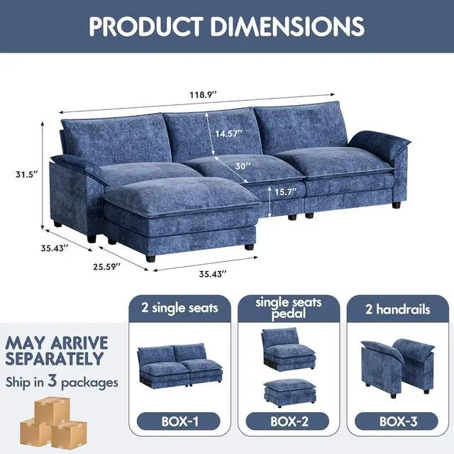 Alt view image 2 of 6 - 119" Modular Sectional Sofa, L Shaped Sofa Couch with Reversible Ottoman, DIY Combination Chenille Deep 3-Seat Cloud Couch for Living Room, Apartment (Dark Blue, L Shaped Sofa)