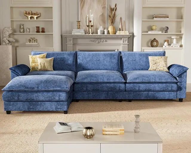 Alt view image 3 of 6 - 119" Modular Sectional Sofa, L Shaped Sofa Couch with Reversible Ottoman, DIY Combination Chenille Deep 3-Seat Cloud Couch for Living Room, Apartment (Dark Blue, L Shaped Sofa)