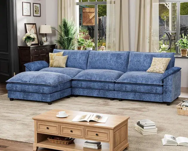 Alt view image 4 of 6 - 119" Modular Sectional Sofa, L Shaped Sofa Couch with Reversible Ottoman, DIY Combination Chenille Deep 3-Seat Cloud Couch for Living Room, Apartment (Dark Blue, L Shaped Sofa)