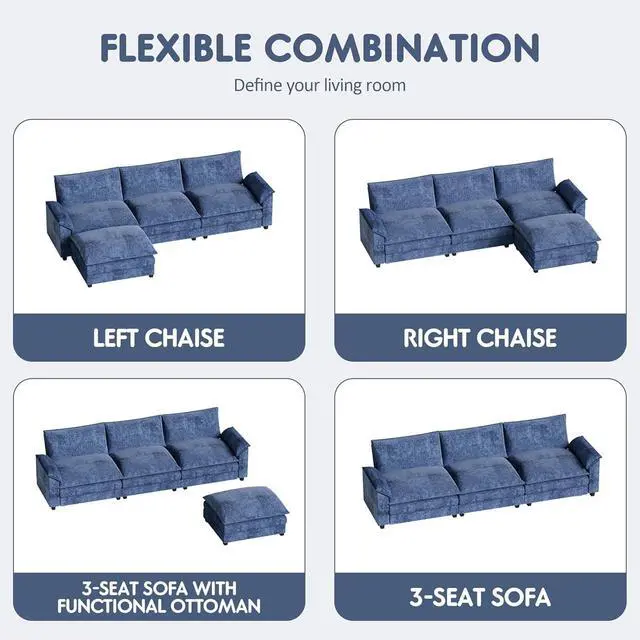 Alt view image 6 of 6 - 119" Modular Sectional Sofa, L Shaped Sofa Couch with Reversible Ottoman, DIY Combination Chenille Deep 3-Seat Cloud Couch for Living Room, Apartment (Dark Blue, L Shaped Sofa)