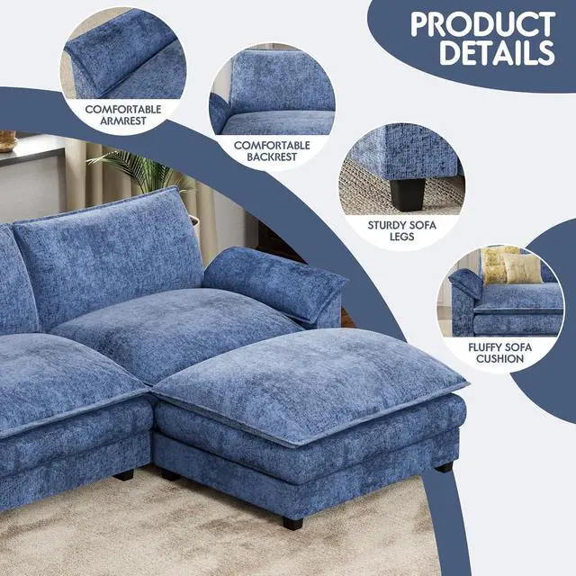 Alt view image 5 of 6 - 119" Modular Sectional Sofa, L Shaped Sofa Couch with Reversible Ottoman, DIY Combination Chenille Deep 3-Seat Cloud Couch for Living Room, Apartment (Dark Blue, L Shaped Sofa)