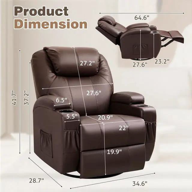 Alt view image 2 of 7 - Recliner Chair, 360° Swivel Rocker Chair for Adults, Rocking Recliner Chair with Massage, Comfy Single Sofa with Side Pockets Cup Holders for Living Room, Bedroom, Nursery (Leather, Dark Brown)