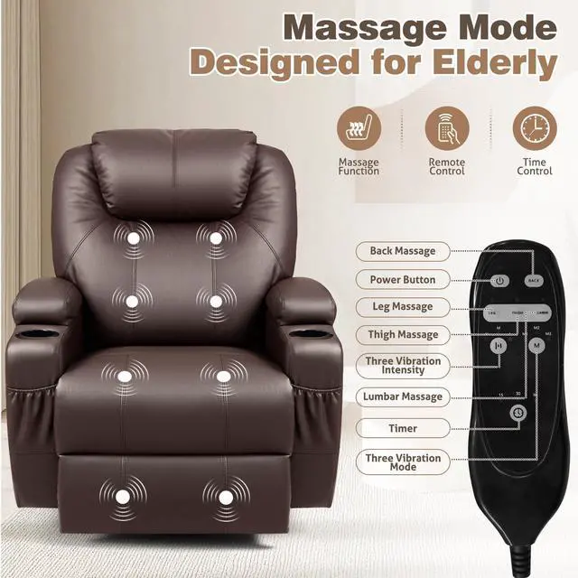 Alt view image 3 of 7 - Recliner Chair, 360° Swivel Rocker Chair for Adults, Rocking Recliner Chair with Massage, Comfy Single Sofa with Side Pockets Cup Holders for Living Room, Bedroom, Nursery (Leather, Dark Brown)