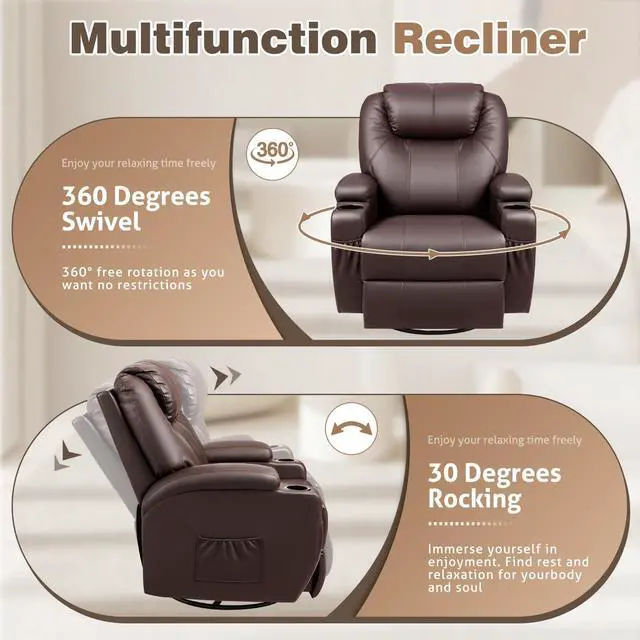 Alt view image 4 of 7 - Recliner Chair, 360° Swivel Rocker Chair for Adults, Rocking Recliner Chair with Massage, Comfy Single Sofa with Side Pockets Cup Holders for Living Room, Bedroom, Nursery (Leather, Dark Brown)