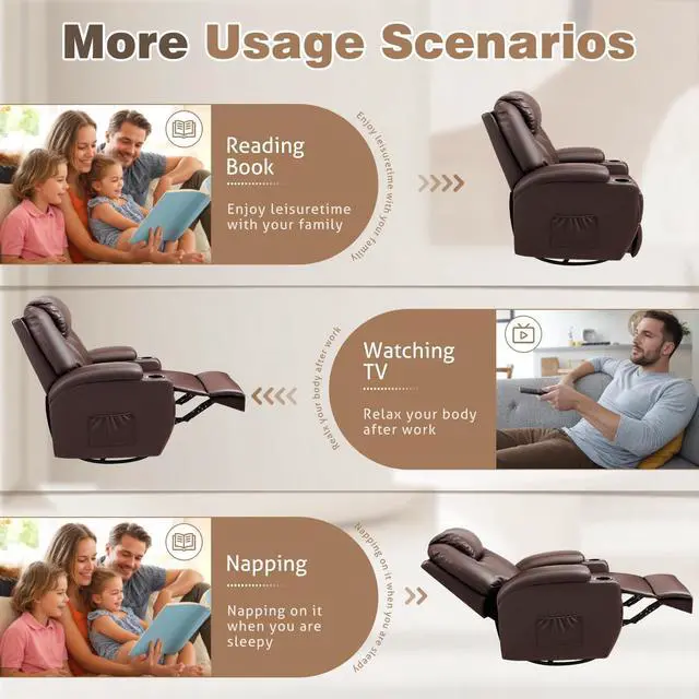 Alt view image 5 of 7 - Recliner Chair, 360° Swivel Rocker Chair for Adults, Rocking Recliner Chair with Massage, Comfy Single Sofa with Side Pockets Cup Holders for Living Room, Bedroom, Nursery (Leather, Dark Brown)