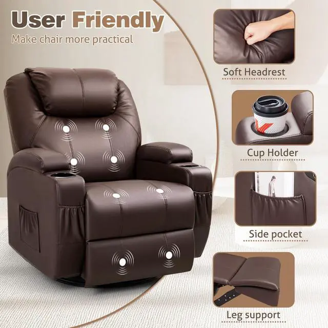 Alt view image 6 of 7 - Recliner Chair, 360° Swivel Rocker Chair for Adults, Rocking Recliner Chair with Massage, Comfy Single Sofa with Side Pockets Cup Holders for Living Room, Bedroom, Nursery (Leather, Dark Brown)