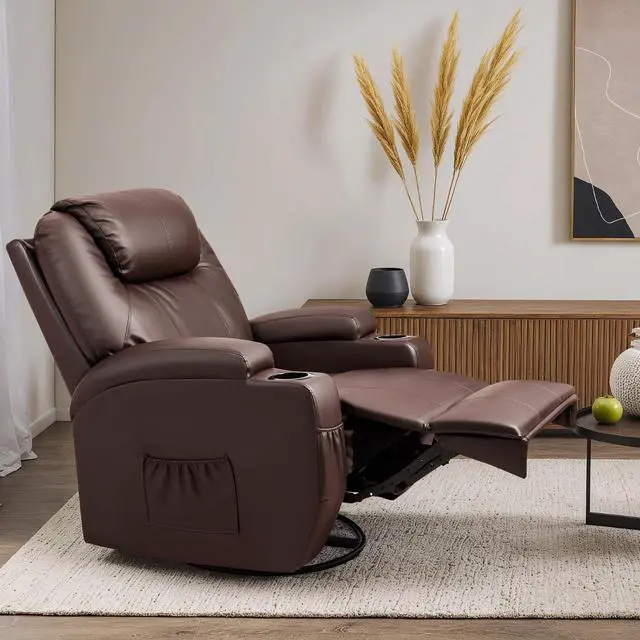 Alt view image 7 of 7 - Recliner Chair, 360° Swivel Rocker Chair for Adults, Rocking Recliner Chair with Massage, Comfy Single Sofa with Side Pockets Cup Holders for Living Room, Bedroom, Nursery (Leather, Dark Brown)