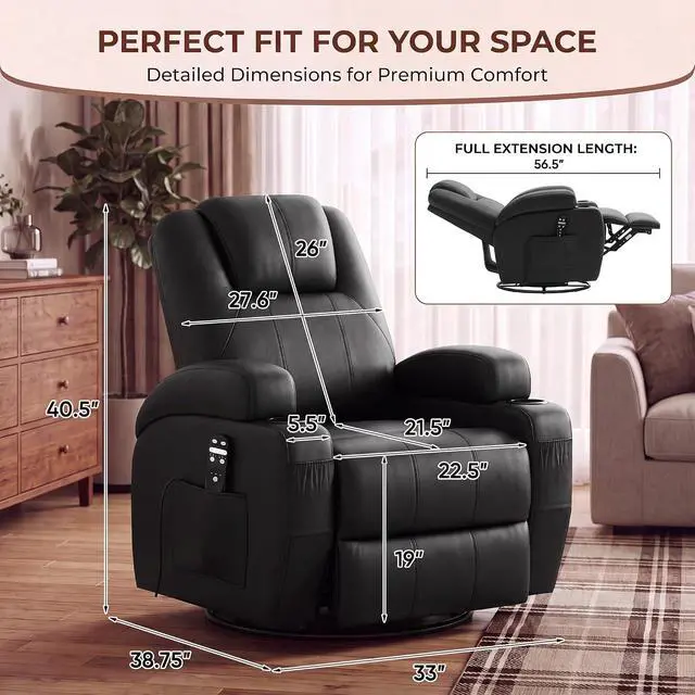 Alt view image 2 of 7 - Recliner Chair, 360° Swivel Rocker Chair for Adults, Rocking Recliner Chair with Massage, Comfy Single Sofa with Side Pockets Cup Holders for Living Room, Bedroom, Nursery (Leather, Black)