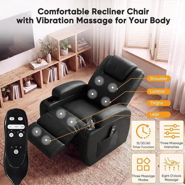 Alt view image 3 of 7 - Recliner Chair, 360° Swivel Rocker Chair for Adults, Rocking Recliner Chair with Massage, Comfy Single Sofa with Side Pockets Cup Holders for Living Room, Bedroom, Nursery (Leather, Black)