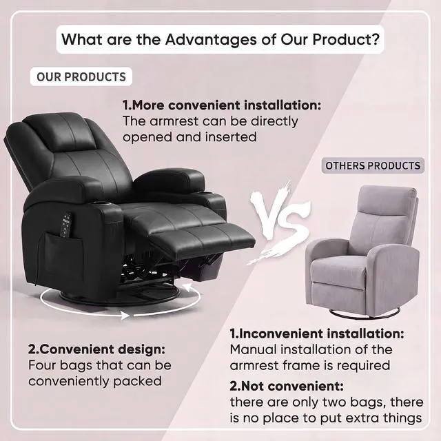 Alt view image 5 of 7 - Recliner Chair, 360° Swivel Rocker Chair for Adults, Rocking Recliner Chair with Massage, Comfy Single Sofa with Side Pockets Cup Holders for Living Room, Bedroom, Nursery (Leather, Black)
