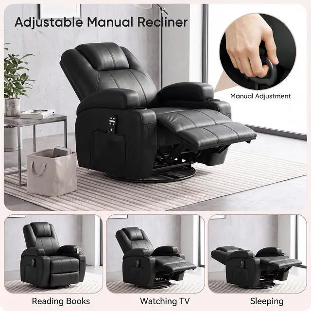 Alt view image 4 of 7 - Recliner Chair, 360° Swivel Rocker Chair for Adults, Rocking Recliner Chair with Massage, Comfy Single Sofa with Side Pockets Cup Holders for Living Room, Bedroom, Nursery (Leather, Black)