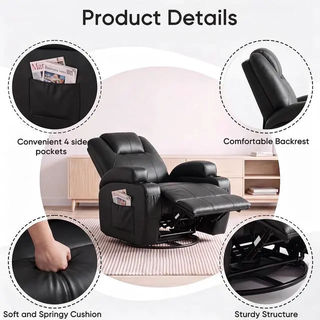 Alt view image 7 of 7 - Recliner Chair, 360° Swivel Rocker Chair for Adults, Rocking Recliner Chair with Massage, Comfy Single Sofa with Side Pockets Cup Holders for Living Room, Bedroom, Nursery (Leather, Black)